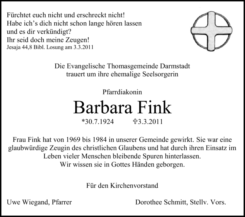  Traueranzeige für Barbara Fink vom 12.03.2011 aus Echo-Zeitungen (Gesamtausgabe)