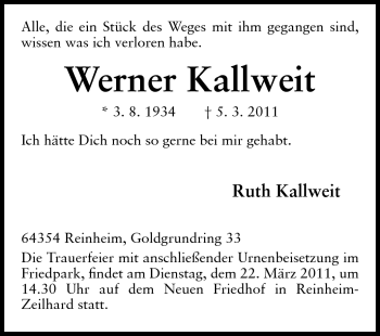 Traueranzeige von Kallweit Werner von Echo-Zeitungen (Gesamtausgabe)