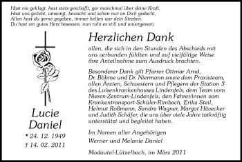 Traueranzeige von Lucie Daniel von Echo-Zeitungen (Gesamtausgabe)
