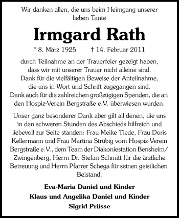 Traueranzeige von Irmgard Rath von Starkenburger Echo