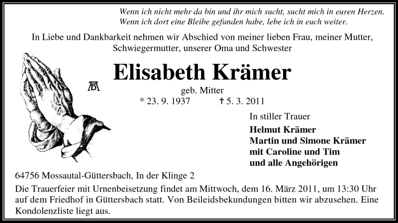  Traueranzeige für Elisabeth Krämer vom 12.03.2011 aus Odenwälder Echo