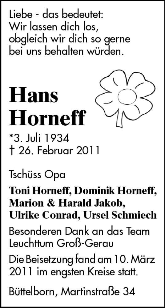  Traueranzeige für Hans Horneff vom 14.03.2011 aus Rüsselsheimer Echo, Groß-Gerauer-Echo, Ried Echo