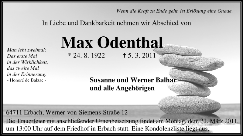  Traueranzeige für Max Odenthal vom 16.03.2011 aus Odenwälder Echo
