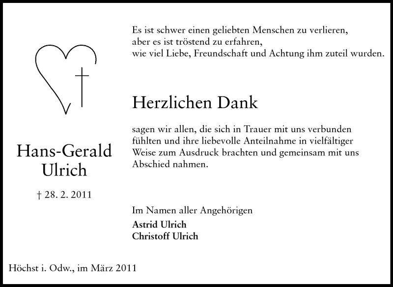  Traueranzeige für Hans-Gerald Ulrich vom 16.03.2011 aus Odenwälder Echo