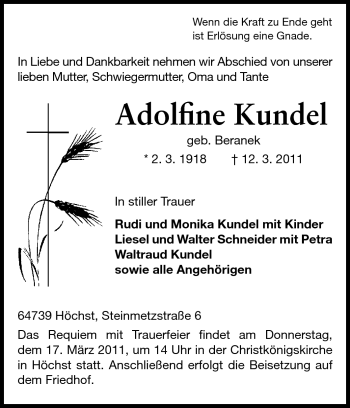 Traueranzeige von Kundel Adolfine von Odenwälder Echo
