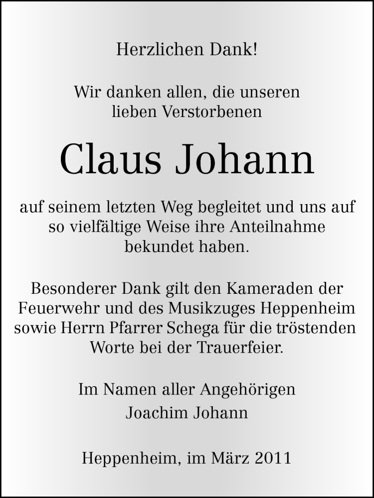  Traueranzeige für Claus Johann vom 19.03.2011 aus Starkenburger Echo