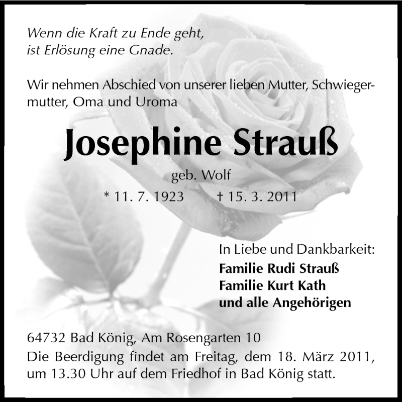  Traueranzeige für Josephine Strauß vom 17.03.2011 aus Odenwälder Echo