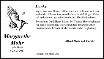 Traueranzeige von Margarethe Mohr von Odenwälder Echo