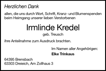 Traueranzeige von Irmlinde Kredel von Odenwälder Echo