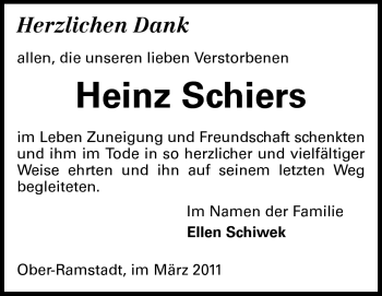 Traueranzeige von Heinz Joachim Schiers von Darmstädter Echo, Odenwälder Echo, Rüsselsheimer Echo, Groß-Gerauer-Echo, Ried Echo