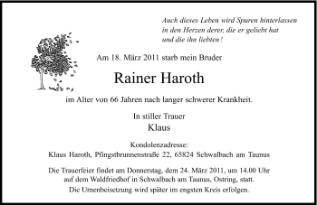 Traueranzeige von Rainer Haroth von Echo-Zeitungen (Gesamtausgabe)