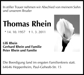 Traueranzeige von Thomas Rhein von Starkenburger Echo