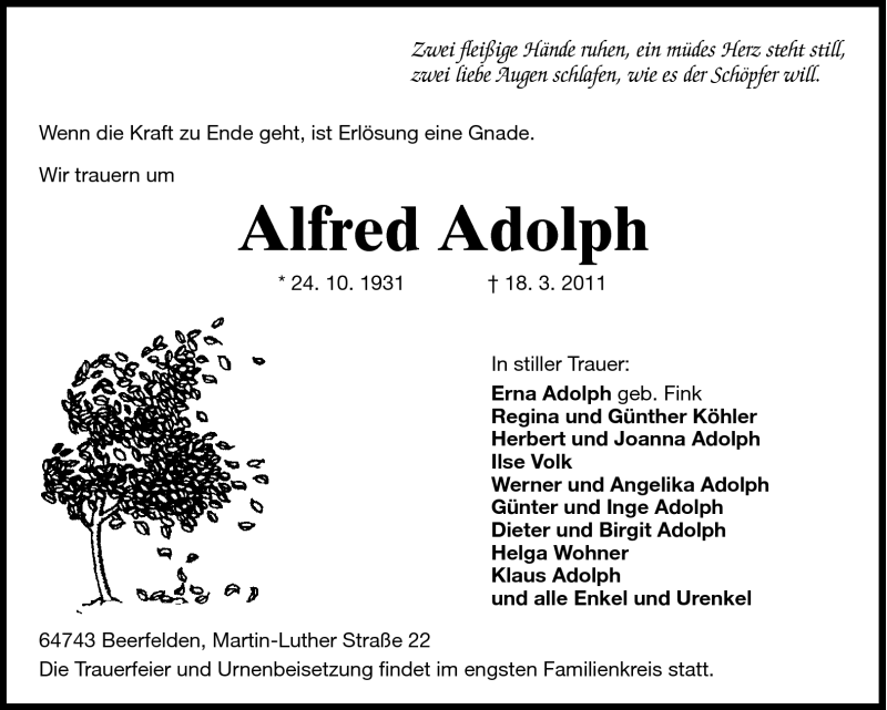  Traueranzeige für Alfred Adolph vom 23.03.2011 aus Odenwälder Echo