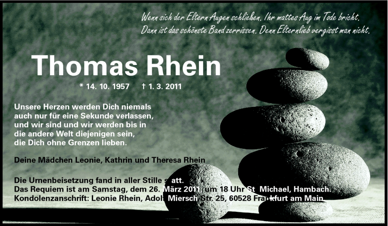  Traueranzeige für Thomas Rhein vom 23.03.2011 aus Starkenburger Echo, Bergsträßer Anzeiger
