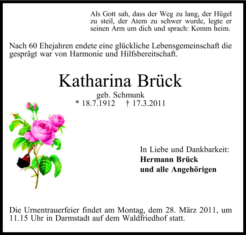  Traueranzeige für Katharina Brück vom 23.03.2011 aus Echo-Zeitungen (Gesamtausgabe)