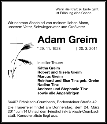 Traueranzeige von Adam Greim von Odenwälder Echo