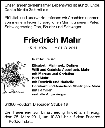 Traueranzeige von Friedrich Mahr von Echo-Zeitungen (Gesamtausgabe)