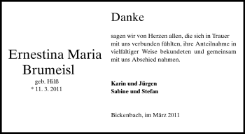 Traueranzeige von Ernestina Maria Brumeisel von Darmstädter Echo, Odenwälder Echo, Rüsselsheimer Echo, Groß-Gerauer-Echo, Ried Echo