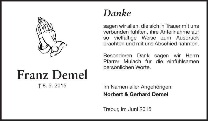 Traueranzeige für Franz Demel vom 12.06.2015 aus Rüsselsheimer Echo, Groß-Gerauer-Echo, Ried Echo