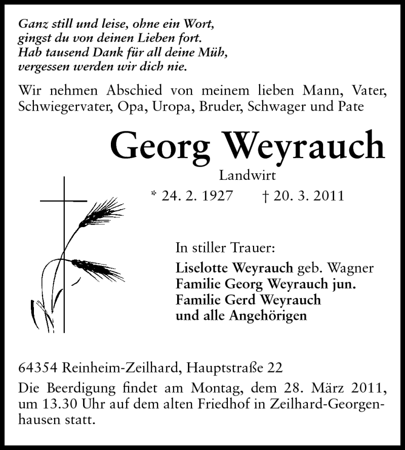  Traueranzeige für Georg Weyrauch vom 24.03.2011 aus Echo-Zeitungen (Gesamtausgabe)