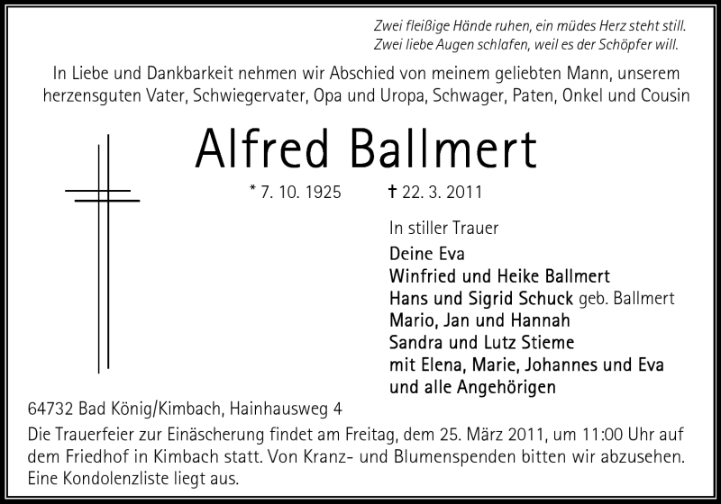  Traueranzeige für Alfred Ballmert vom 24.03.2011 aus Odenwälder Echo
