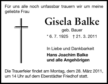 Traueranzeige von Gisela Balke von Echo-Zeitungen (Gesamtausgabe)