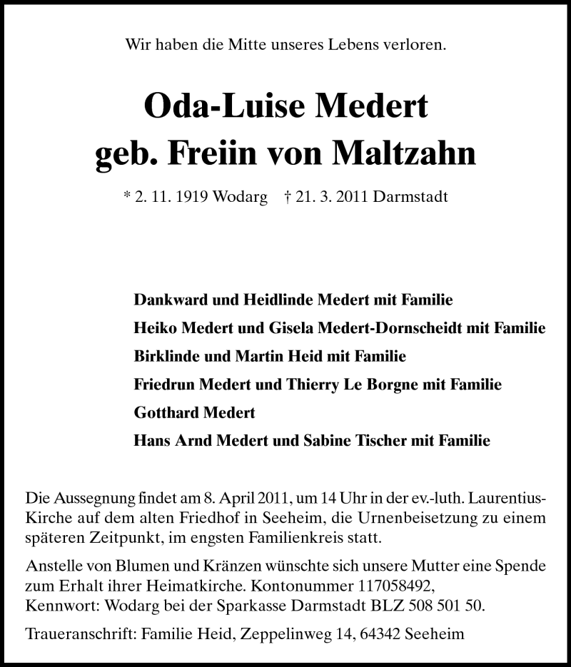  Traueranzeige für Oda-Luise Medert vom 26.03.2011 aus Echo-Zeitungen (Gesamtausgabe)