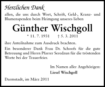 Traueranzeige von Günther Wischgoll von Echo-Zeitungen (Gesamtausgabe)