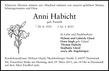 Traueranzeige von Anni Habicht von Darmstädter Echo, Odenwälder Echo, Rüsselsheimer Echo, Groß-Gerauer-Echo, Ried Echo