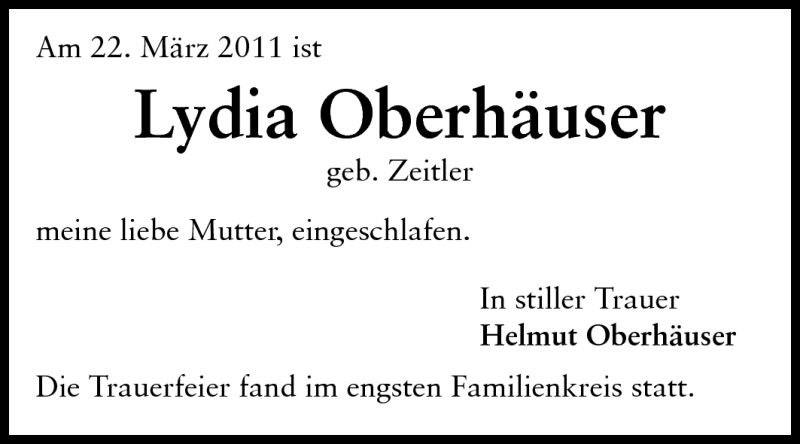  Traueranzeige für Lydia Oberhäuser vom 30.03.2011 aus Darmstädter Echo, Odenwälder Echo, Rüsselsheimer Echo, Groß-Gerauer-Echo, Ried Echo