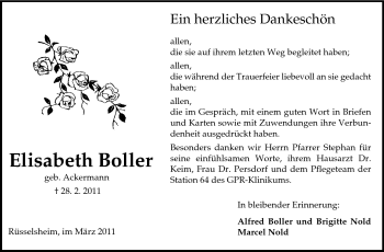 Traueranzeige von Elisabeth Boller von Rüsselsheimer Echo, Groß-Gerauer-Echo, Ried Echo