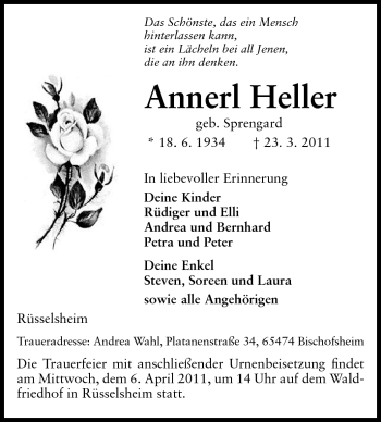 Traueranzeige von Annerl Heller von Rüsselsheimer Echo, Groß-Gerauer-Echo, Ried Echo