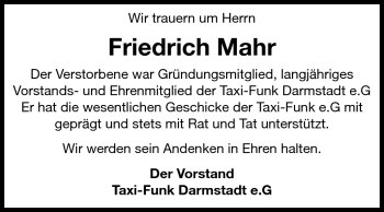 Traueranzeige von Friedrich Mahr von Echo-Zeitungen (Gesamtausgabe)
