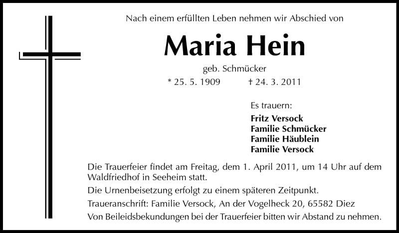  Traueranzeige für Maria Hein vom 26.03.2011 aus Echo-Zeitungen (Gesamtausgabe)