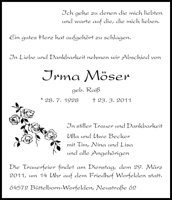 Traueranzeige von Irma Möser von Rüsselsheimer Echo, Groß-Gerauer-Echo, Ried Echo