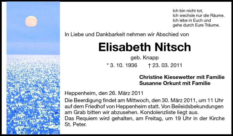  Traueranzeige für Elisabeth Nitsch vom 26.03.2011 aus Starkenburger Echo