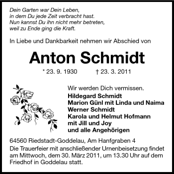 Traueranzeige von Anton Schmidt von Rüsselsheimer Echo, Groß-Gerauer-Echo, Ried Echo