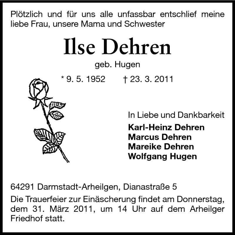  Traueranzeige für Ilse Dehren vom 26.03.2011 aus Echo-Zeitungen (Gesamtausgabe)