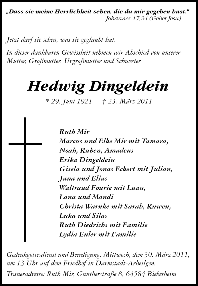  Traueranzeige für Hedwig Dingeldein vom 26.03.2011 aus Echo-Zeitungen (Gesamtausgabe)