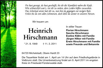 Traueranzeige von Heinrich Hirschmann von Odenwälder Echo
