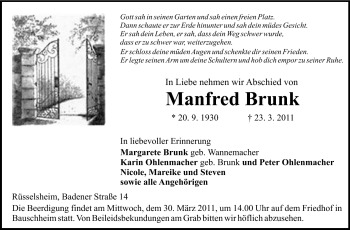 Traueranzeige von Manfred Brunk von Rüsselsheimer Echo, Groß-Gerauer-Echo, Ried Echo