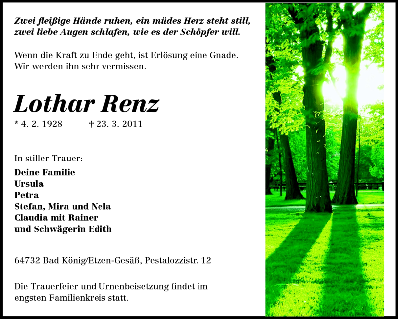  Traueranzeige für Lothar Renz vom 29.03.2011 aus Odenwälder Echo