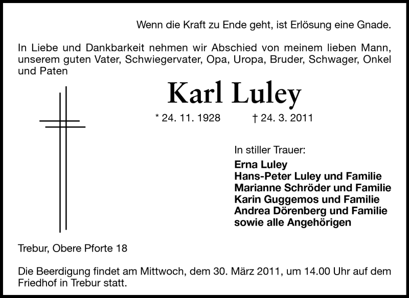  Traueranzeige für Karl Luley vom 28.03.2011 aus Rüsselsheimer Echo, Groß-Gerauer-Echo, Ried Echo