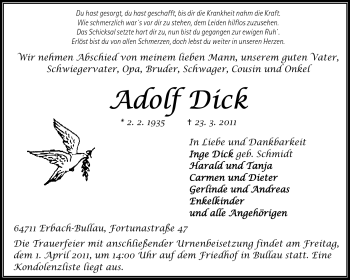 Traueranzeige von Adolf Dick von Odenwälder Echo