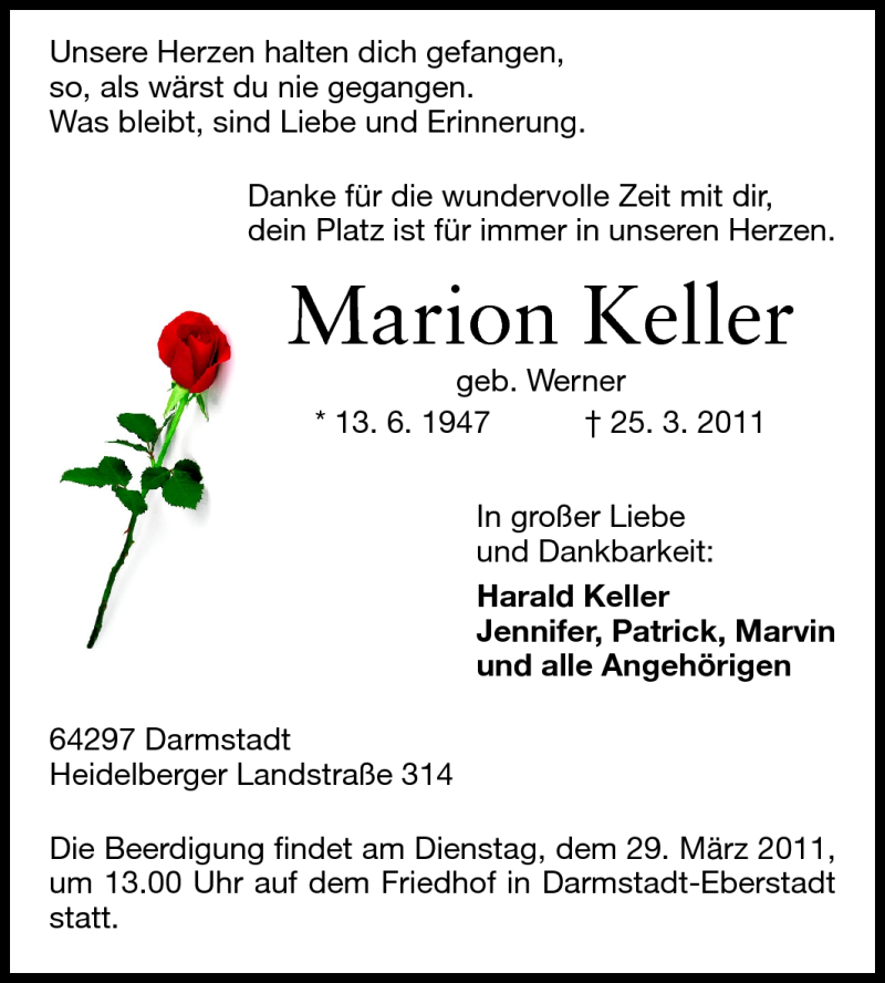  Traueranzeige für Marion Keller vom 28.03.2011 aus Darmstädter Echo, Odenwälder Echo, Rüsselsheimer Echo, Groß-Gerauer-Echo, Ried Echo