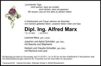 Traueranzeige von Alfred Marx von Rüsselsheimer Echo, Groß-Gerauer-Echo, Ried Echo