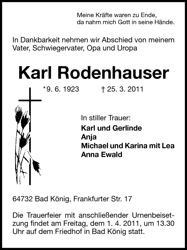  Traueranzeige für Karl Rodenhauser vom 30.03.2011 aus Odenwälder Echo