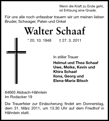 Traueranzeige von Walter Schaaf von Echo-Zeitungen (Gesamtausgabe)
