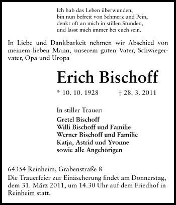 Traueranzeige von Erich Bischoff von Darmstädter Echo, Odenwälder Echo, Rüsselsheimer Echo, Groß-Gerauer-Echo, Ried Echo