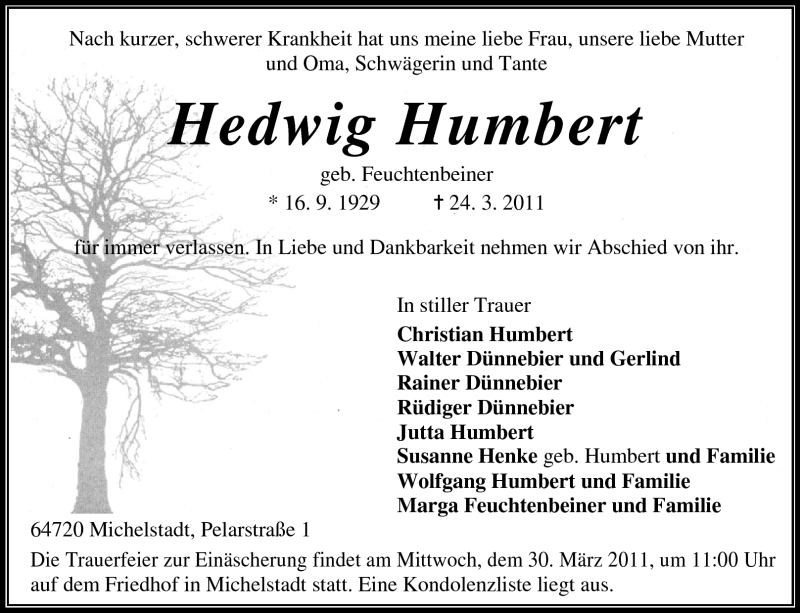  Traueranzeige für Hedwig Humbert vom 29.03.2011 aus Odenwälder Echo